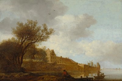 Riviermonding met vissers voor een stad door Anthonie Jansz. van der Croos  